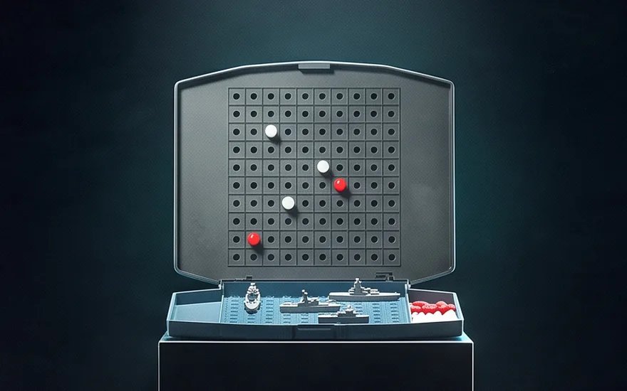 Ein aufgeklapptes Schiffe-versenken-Spiel auf einem schwarzen Sockel im Spotlight